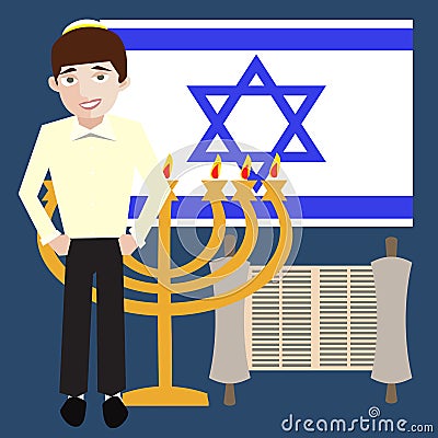 Teenager jewish boy with israel symbols, flag, menorah, torah sc Vector Illustration