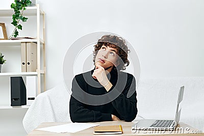 teenager laptop sitting on white sofa online training Lifestyle technology Stock Photo