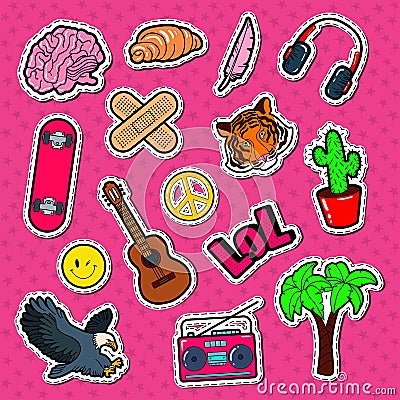 Teenager Lifestyle Fashion Stickers, Patches and Badges Set. Teen Elements Doodle Vector Illustration
