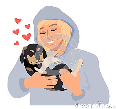 Teenager pet friend. Cartoon young man hugging cute puppy with care and love. Cozy relaxing friendship of man and pet Vector Illustration