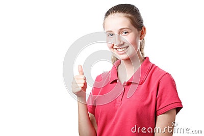 Girl in a pink T-shirt raised her thumb up Stock Photo