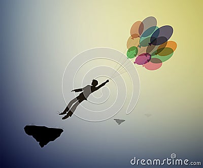 Teenager silhouette holds the baloons and flying up to the sky, strong wind story, dreamer concept, scene in dreamland Vector Illustration