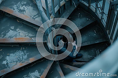 teenager sitting on industrial spiral stair steps, headphones on Stock Photo