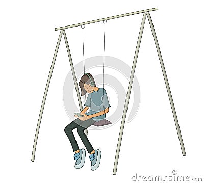 Teenager sitting on the swing and checking a phone Vector Illustration