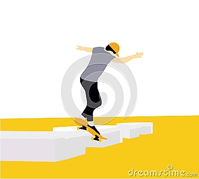 Teenager skateboarder does an ollie trick. Guys in casual clothes skateboarding and showing exciting tricks flat style design. Vector Illustration