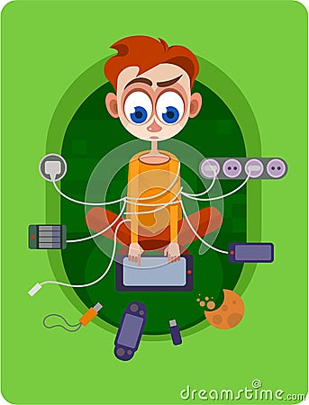 Teenager surrounded by gadgets. Vector Illustration