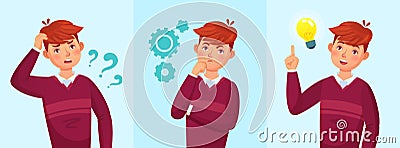 Teenager think. Thoughtful student, teen boy idea or university students guy solved question vector cartoon illustration Vector Illustration