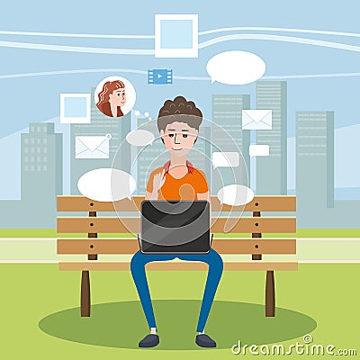 Teenager Using Laptop in a Bench in the Park, social networks, chat, cartoon style, vector Vector Illustration