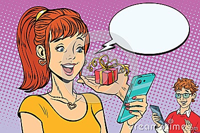 Teenagers boy and girl online present via smartphone Vector Illustration