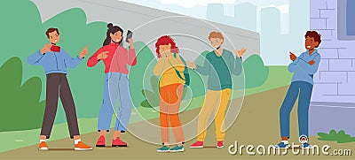 Teenagers Characters Bullying Classmate Girl at School Backyard, Calling with Nasty Names and Record Video, Teens Abuse Vector Illustration