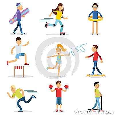 Teenagers children playing sports set. Children physical activity vector illustrations Vector Illustration