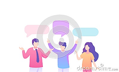 Teenagers discussing party speech bubble. Two boys and girl teenage happily talk about past party. Vector Illustration