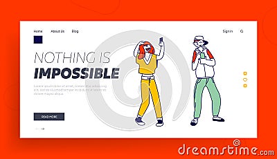 Teenagers and Gadgets Website Landing Page. Happy Girl Posing on Smartphone Camera Making Selfie for Internet Post Vector Illustration