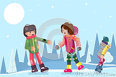 Teenagers guy girl characters skating winter flat design vector illustration Vector Illustration