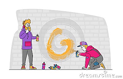 Teenagers Painting Graffiti on Brick Wall. Street Artist Characters Drawing with Aerosol Paints. Young People Activity Vector Illustration