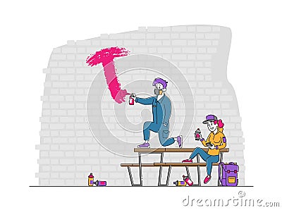 Teenagers Painting Graffiti on Brick Wall. Urban Teen Lifestyle, Creative Hobby, Street Artist Drawing with Paint Vector Illustration