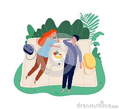 Teenagers on picnic. Two students on nature, smiling and talking. Free time, couple on weekend vector illustration Vector Illustration
