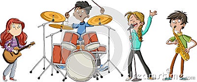 Teenagers playing on a rock`n`roll band Vector Illustration