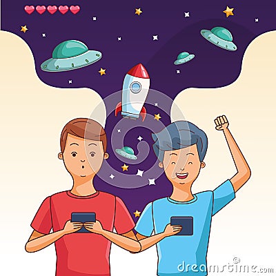 Teenagers playing videogames Vector Illustration