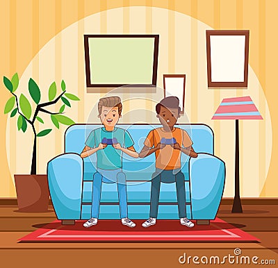 Teenagers playing videogames Vector Illustration