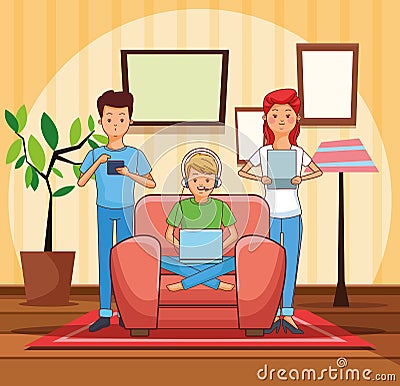 Teenagers playing videogames Vector Illustration