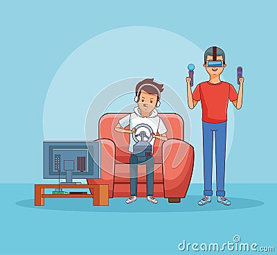 Teenagers playing videogames Vector Illustration