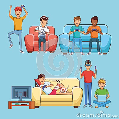Teenagers playing videogames Vector Illustration
