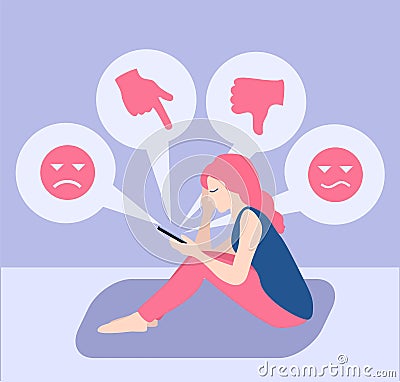 Teenagers psychological problems. Cyber bullying in social networks and online abuse concept. Teen girl crying in front Vector Illustration