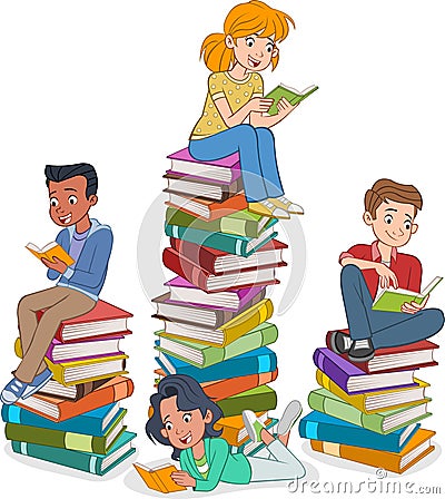 teenagers reading books. Students over piles of books. Vector Illustration