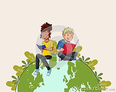 teenagers reading over the earth planet. Vector Illustration