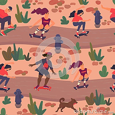 Teenagers riding skateboard in park on wavy road flat vector seamless pattern. Skaterboy and skategirls with running dog Vector Illustration