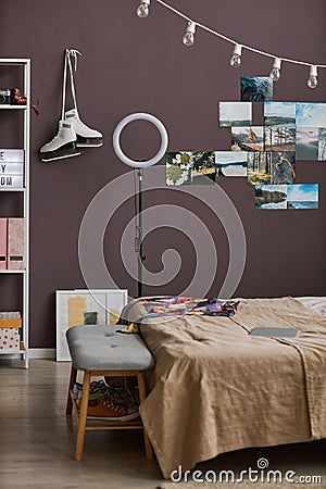 Teenagers room interior with comfy bed hobbie items Stock Photo