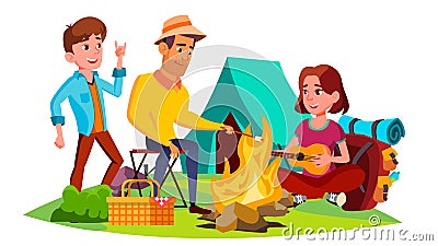 Teenagers Sitting Around Campfire And Have Fun Vector. Isolated Illustration Vector Illustration