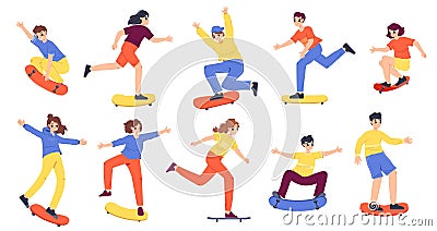 Teenagers skateboarders characters. Girl boy skateboarding, young person on skateboard. Summer outdoor sport activity Vector Illustration