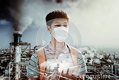 Teenagers student wearing mask against smog and air pollution factory background Stock Photo