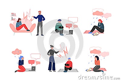 Teenagers Suffering from Psychological Problems Like Anxiety and Depression Vector Set Vector Illustration