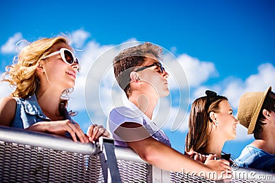 Teenagers at summer music festival, at the control barrier Stock Photo