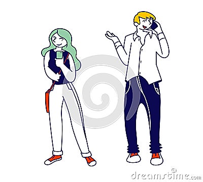 Teenagers Texting Sms and Call on Mobile Phone. Young Man and Woman Send Messages to Friends Use Cellular Vector Illustration