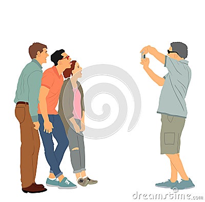Teenagers tourists crew taking picture on vacation vector illustration isolated. Mobile phone photographer Vector Illustration