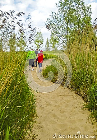 Teenagers walk into the forest on sandy path in Germany Editorial Stock Photo