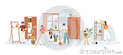 Teens cleaning home together. Family seasonal cleaning, brother and sister doing homework, vacuuming and sweeps. Snugly Vector Illustration