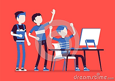 Teens fun at computer Vector Illustration