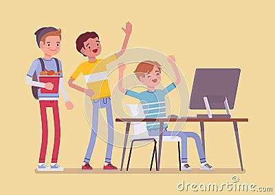 Teens fun at computer Vector Illustration