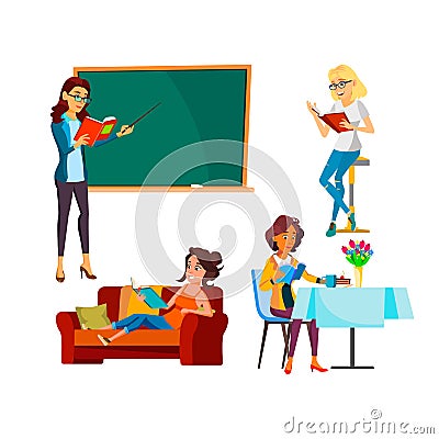 Teens Girls Reading Educational Book Set Vector Stock Photo