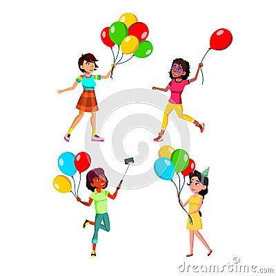 Teens Girls Walking With Air Balloons Set Vector Stock Photo