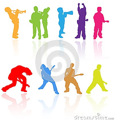 Kids children teens rock music band silhouette young child people musical clip art saxophone guitar playing play jazz youth group Vector Illustration