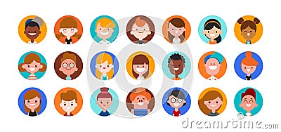 Teens and kids avatar collection. Cute children, boys and girls faces, Colorful user pic icons. Flat design style cartoon Vector Illustration