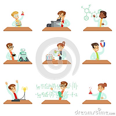 Teens In Lab Coats Doing Science Research Dreaming Of Becoming Professional Scientists In The Future Set Of Cartoon Vector Illustration