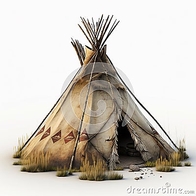 Teepee, an ancient American Indian national dwelling made of branches, bark and leather, isolated on white Stock Photo