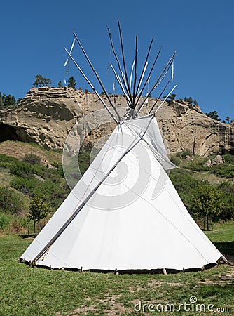 Teepee with White Canvas at the Pictograph Cave State Park Near Billings, Montana Editorial Stock Photo